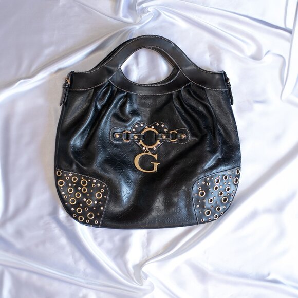 Guess Debossed G-Logo Rhinestone Handbag Faux Leather Satchel Vintage Black - Picture 2 of 9